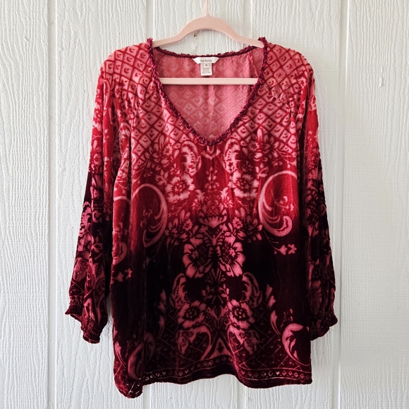 Sundance Boho Silk Sheer Red Flocked Velvet Burnout Ombre V Neck Longsleeve XL - Picture 2 of 6